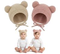 2 Stück Baby Wintermütze Jungen Mädchen, mit Süße Bärenohren Winter Babymütze, Kindermütze, Kleinkind Earflap Beanie Warm für Herbst Wintermütze, 3-24 Monate, Beige, Rosa