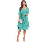 2 Stück Brautmutterkleider für Hochzeit, Chiffon, plissiert, halblange Ärmel, knielang, formelles Abendkleid, Partykleid mit Jacke, türkis, 34