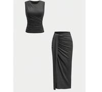 2 Stück Damen Plissee Set, bestehend aus Trägerhemd mit Rundhalsausschnitt und elegantem Midi-Rock mit Schlitz, leicht dehnbar, 180g Strickstoff Somme