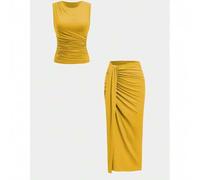 2 Stück Damen Plissee Set, bestehend aus Trägerhemd mit Rundhalsausschnitt und elegantem Midi-Rock mit Schlitz, leicht dehnbar, 180g Strickstoff Somme