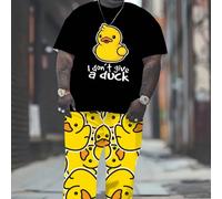 2 Stück Enten-Muster Herren Kurzarm T-Shirt und lässige, locker sitzende Hose Set, modisches Sportoutfit, Große Größen, gemütliche Outfits