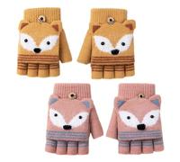 2 Stück fingerlose Kinder-Cartoon-Handschuhe, umwandelbare Flip-Fäustlinge, Flip-Strickhandschuhe, Winterhandschuhe für Jungen und Mädchen (Beige, Rosa)