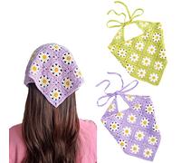 2 Stück Häkelhaar Bandana Floral Haar Schal Boho Kopftuch Vintage Stirnbänder Dreieck Haargummi Handgemachte Haarschmuck für Mädchen Frauen (Lila/Grün)