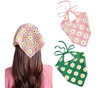 2 Stück Häkelhaar Bandana Floral Haar Schal Boho Kopftuch Vintage Stirnbänder Dreieck Haargummi Handgemachte Haarschmuck für Mädchen Frauen (Rosa/Grün)