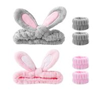 2 Stück Makeup Haarband, 4 Stück Gesichtswasch-Handgelenkbänder, Damen Schmink Haarband, Plüsch Hasenohren Stirnband, Elastisch Weich Schminken, Gesicht Waschen für Frauen und Mädchen