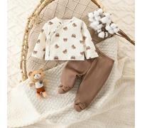 2 Stück Neugeborenen Baby Waffelpique Strickjacke und Fuß-Hose Set, süßes Bären Muster Design