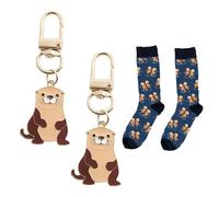 2 Stück Niedlicher Otter-Schlüsselanhänger, 1 Paar Lustige Ottersocken, Otter-Tierschlüsselanhänger, Taschenornamente, Lässige Atmungsaktive Heimsocken.