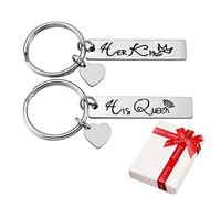 2 Stück Pärchen Schlüsselanhänger mit Gravur His Queen und Her King Crown,Memorial Edelstahl Glatt Rechteckig Schiefe Herz Anhänger Silber Schlüsselring für Partner Paar Couple Freund Geschenk