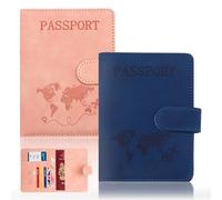 2 Stück Reisepass Impfpass Schutzhülle - Kunstleder Reisepasshülle Travel Organizer Passport Holder Cover, Damen Herren Geldbörse mit RFID-Blockier für Kreditkarten Ausweis Dokumente,Marineblau Rosa