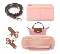 2 Stück Schultergurt und Organizer Set für Longchamp Mini Tasche, Ohne Bohren Verstellbares Schnallendesign Schulterriemen Mehrere Taschen Filz Taschenorganizer für Long champ Tasche (Rosa Mini)