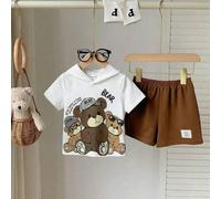 2 Stück/Set Baby Cartoon Bär Kapuzen Kurzarm Sweatshirt & Lässige Shorts Set