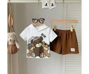 2 Stück/Set Baby Cartoon Bär Kapuzen Kurzarm Sweatshirt & Lässige Shorts Set