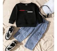 2 Stück/Set Baby Jungen gestreifter grafischer Muster schwarzer Rundhals Langarm Strickpullover und Jeans Hose Outfit, Casual Sommer Strand Alltags Tr