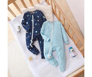 2 Stück/Set Baby Jungen Kuschelige Weltraum-Themen Schlafanzüge, Langarm Jumpsuit, Hellblau & Dunkelblau, weiches und bequemes Material für Herbst und