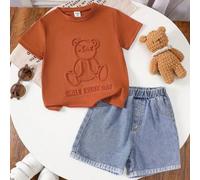 2 Stück/Set Baby Jungen süßes Cartoon Muster Jacquard Kurzarm T-Shirt & einstellbare Taille blaue Jeans Shorts Set, Sommer