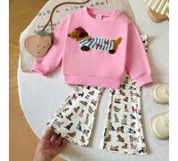 2 Stück/Set Baby Mädchen Rosa Herbst Süße Passende Familie Strickpullover Sweatshirt mit 3D Stickerei Gestreifter Dackel Muster Langarm Weite Hose