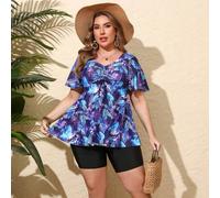 2 Stück/Set Blatt Muster Boho Casual Badeanzug mit Kordelzug Brust Detail und Rüschen Saum Kurzarm V-Ausschnitt Top und Shorts für Sommerurlaub am Str