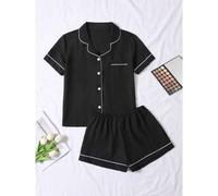 2 Stück/Set Damen Bubble Crepe Schwarz einfarbiger Sommer Pyjama Set, Kurzarm Knopfhemd und Shorts, Lässig Sommermode für Zuhause