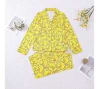 2 Stück/Set Damen Große Größen Schlafanzug Set mit süßem Enten Muster, bestehend aus Langarm Hemd mit Kragen & Knöpfen und Hose mit weichem elastische