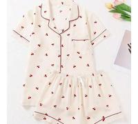 2 Stück/Set Damen Große Größen Top mit Kentkragen, offenem Bund, Kurzarm, Tasche, Kirsch-Frucht- und Schleifen-Grafik, Lässig Komfort und Shorts Pyjam