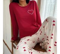 2 Stück/Set Damen Herz-Muster Langarm Top mit Hose Schlafanzug Rot, Herbst Winter Kleidung