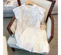 2 Stück/Set Elegante Lässig Blumenspitze Deko Bluse mit Puffärmeln & Shorts mit Gummibund, Pendler & Urlaubs Lässig Outfit, Weiß, Große Größen