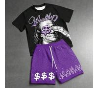 2 Stück/Set Herren Schwarz & Weiß Kontrast Franklin Dollar Muster Kurzarm T-Shirt + Shorts, Casual Street Style Sommer Urlaub Party Outfit