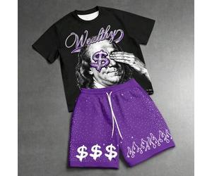 2 Stück/Set Herren Schwarz & Weiß Kontrast Franklin Dollar Muster Kurzarm T-Shirt + Shorts, Casual Street Style Sommer Urlaub Party Outfit