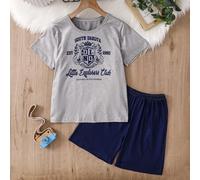 2 Stück/Set Jungen Schlafanzug, grau & blau Cartoon einfarbig Buchstaben Grafik Rundhals Pyjamas, atmungsaktiver weicher Stoff geeignet für den Sommer