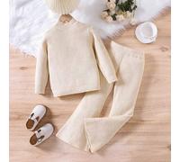 2 Stück/Set Kleine Mädchen strukturierter Rollkragenpullover und ausgestellte gestrickte Hose Set, geeignet für den täglichen Lässig-Tragen