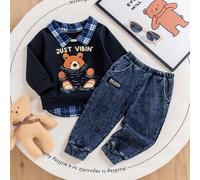 2 Stück/Set Kleinkind Jungen Polokragen kariertes 2 in 1 Bären Muster Langarm Top und Jeans Hose mit Gummibund