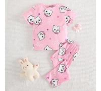 2 Stück/Set Kleinkind Mädchen Rosa Strick Rundhals Kurzarm Top und Hose, süßes Cartoon Katzen- und Herz-Muster, Lässig, weich und bequem, Freizeitklei