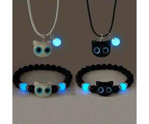 2 Stück/Set Leuchtende süße schwarz-weiße Katzen Halskette & Armband Schmuckset, Cartoon Kätzchen Paar Accessoires