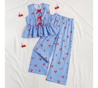 2 Stück/Set Mädchen Blau & Weiß gestreiftes süßes Kirschenmuster Ärmelloses Top und passendes Hose Set, geeignet für Outdoor, Casual, Sport und Lässig