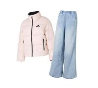 2 Stück/Set Rosa Daunenjacke + Regular Jeans, Jugendlich Design, Schüler Herbst/Winter Outfit, Lässige weite Stehkragen Daunenjacke und Weite Hose, ge