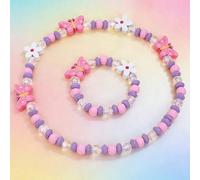 2 Stück/Set Schmetterling, Blume, Einhorn, Regenbogen Holzanhänger Halskette und Armband Schmuckset, geeignet für kleine Mädchen und Prinzessinnen, Al