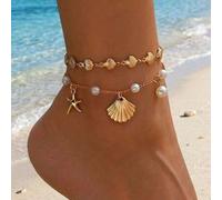 2 Stück/Set Sommer Ozean Stil handgemachte Ketten Fußkette, modischer Strand Urlaub Künstliche Perle Gold Muschel Seestern Anhänger Fußschmuck, geeign