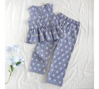 2 Stück/Set Teenager Mädchen Blau & Weiß kariertes Blume Muster ärmelloses Top und passende Hose, figurbetonter Stil geeignet für Ausflüge, Lässig, Sp