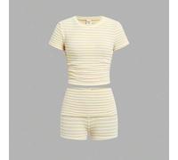 2 Stück/Set Teenager Mädchen Casual Kaffee Plissee Rundhals Kurzarm Figurbetontes Strick Top + Shorts Set, geeignet für Zuhause, Outdoor, Reisen, Flug