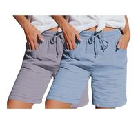 2 Stück Shorts Damen Sommer Musselin Leinen Kurze Hose Baggy Beach Leinenhose Mit Taschen Elastische Taille Stretchy Gerades Bein Bermuda Hose Kurze Lässige Freizeit Damen-Shorts Mit Kordelzug