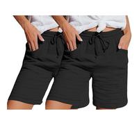 2 Stück Shorts Damen Sommer Musselin Leinen Kurze Hose Baggy Beach Leinenhose Mit Taschen Elastische Taille Stretchy Gerades Bein Bermuda Hose Kurze Lässige Freizeit Damen-Shorts Mit Kordelzug