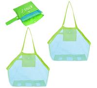 2 Stück Strandtasche Strandspielzeug Tasche XXL Groß für Sandspielzeug Wasserspielzeug für Kinder Aufräumsack Spielsack Badetasche Beachbag Faltbar für Familie Urlaub (Blau Mesh/Grün Strap)