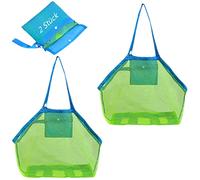2 Stück Strandtasche Strandspielzeug Tasche XXL Groß für Sandspielzeug Wasserspielzeug für Kinder Aufräumsack Spielsack Badetasche Beachbag Faltbar für Familie Urlaub(Grün Mesh/Blau Strap)