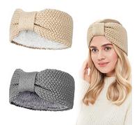 2 Stück Strick Stirnband Winter Damen Elastische Haarreifen Gestrickte Stirnbänder Ohrenwärmer mit Fleece Innenfutter für Mädchen Damen, Grau, Beige
