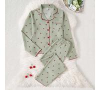 2 Stück Teenager Mädchen Aprikot Farbe minimalistischer Kirschprint Langarm Top und Hose Set, lässige & bequeme Heim-Kleidung, süßer Pyjama Set Kirsch