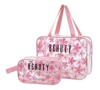 2 Stück transparenter Kulturbeutel Rosa mit Muster, wasserdicht, groß (31x21x12 cm) & klein (21,5x12x8 cm), für Flugzeug-Handgepäck, Reise-Washbag, Badetasche & Strandtasche für Damen