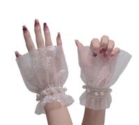 2 Stück weiße fingerlose Oversleeves aus Spitze und Perlen,-Weiß