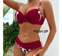 2 Stücke 2025 Tankini Badeanzug mit Push-Up Muster, rosa tropisches Design mit Push-Up und Bauchkontrolle, elegante Freizeitmode für Frühling/Sommer S