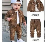 2 Stücke Baby Jungen braune Denim zerrissene Jacke und dehnbare enge Jeans Halloween und Schwarz zur Schule