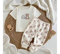 2 Stücke Baby Jungen Cartoon Bär Muster Strick Rundhals Kurzarm Top und Hose mit elastischem Bund Set